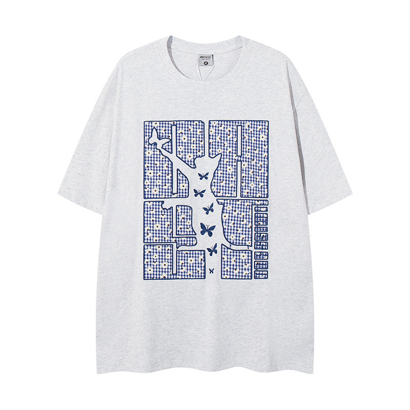 Pattern Embroidered Oversize Short Sleeve T-Shirt for Men and Women
