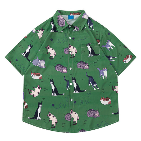 Full Print Floral Cat Short Sleeve Shirt Loose Thin Fit Casual Summer!